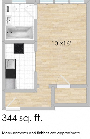 Floor plan for studio, 1 bath, 344 sqft